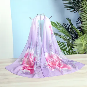 Elegant purple chiffon long scarf featuring vibrant pink floral prints for women's style
