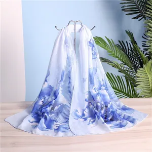 Elegant light blue floral chiffon scarf for women spring fashion accessory, lightweight wrap