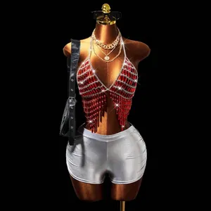 Gedetailleerde weergave van sprankelende rode kristallen body chain met kwastjes