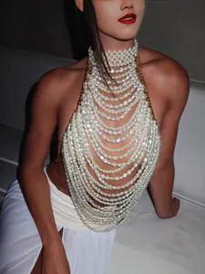 Elegant Multi-Layer Artificial Pearl Halter Vest Top For Women Handmade Chic Bandeau Body Chain Evening Party Sleeveless Top
