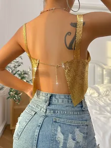 Sexy backless gold metal mesh camisole top with sequin details and chain closure.