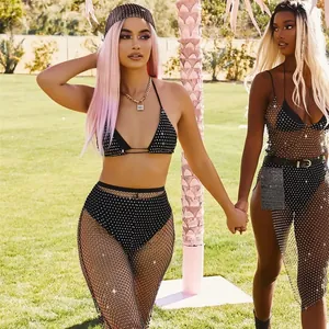 Ensemble bikini en maille avec strass et glands en cristal pour festivals d'été