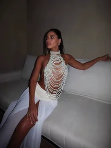 Elegant multi-layer pearl halter top vest with handmade luxurious jewelry drape detail