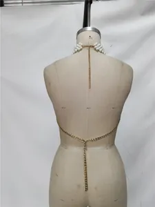 Elegant multi-layer pearl halter top with gold chain backless design for women