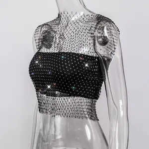 Glamorous sexy black fishnet crop top decorated with sparkling rhinestones for party wear