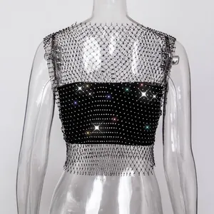 Detailed view of a sexy black fishnet tank top featuring sparkling rhinestone accents