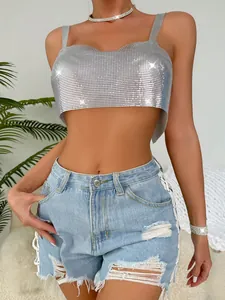 Sexy silver metallic sequin crop top vest for women, festival party fashion wear.