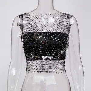 Detail view of sexy black fishnet tank top with sparkling rhinestones on mannequin.