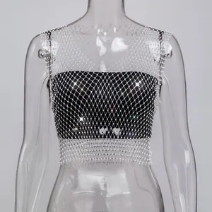 Sexy black fishnet tank top embellished with sparkling rhinestones for party wear