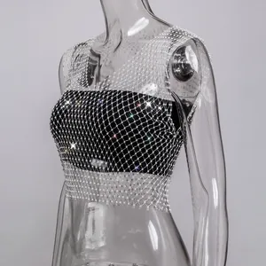 Detailed view of a sparkling rhinestone black mesh sleeveless tank top on a clear mannequin.