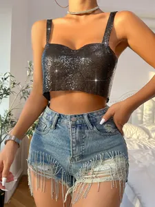 Close-up of sexy black sequin metallic camisole crop top with shimmering texture