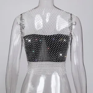 Detailed view of sparkling rhinestone fishnet mesh sleeveless cropped tank top