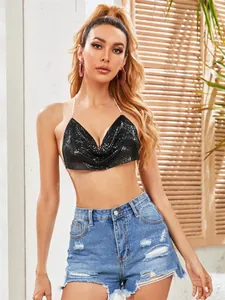 Sexy zwarte crop top met lovertjes en halternek voor hippe en leuke zomerse feestjes