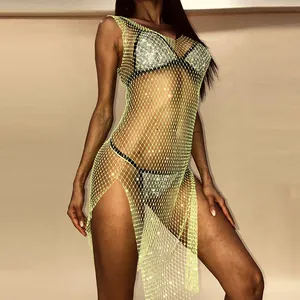 Sexy vestido de red amarillo neón con diamantes de imitación para fiestas de verano