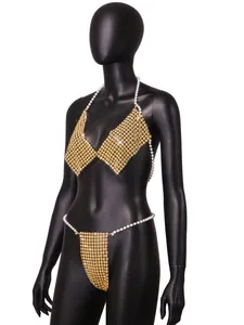 Sexy gold beaded bikini set with elegant pearl halter straps for summer beachwear