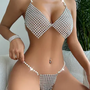 Sexy silver bead mesh and pearl strap bikini set for women featuring a halter neck top