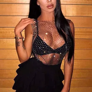 Damen Sexy Fischernetz Strass Tanktop Ärmellos Polyester Slim Fit Funkelnd Nachtclub Party Oberteil Casual Weste Für Damen