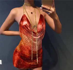 Sexy deep V-neck orange metallic halter chainmail mini dress for women's party wear