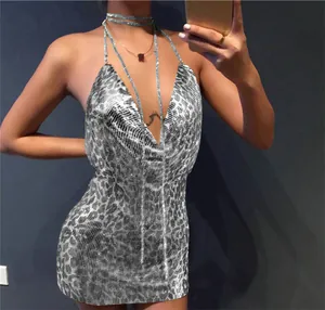 Sexy silver leopard print metallic deep V-neck halter mini dress nightclub party wear