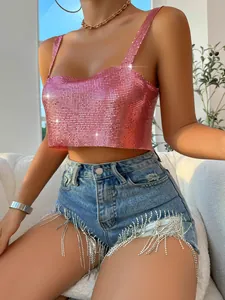 Close-up detail of a pink metallic chainmail sequin camisole crop top for party wear