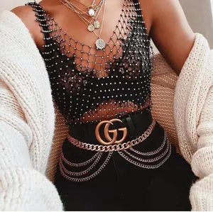 Sexy schwarzes Netz-Top mit glitzernden Strasssteinen, Spitzenbesatz und V-Ausschnitt