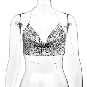 Sexy zilveren metalen mesh haltertop met slangenpatroon en fijne kettinkjes