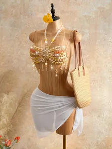 Women Bohemian Hand Beaded Halter Top Acrylic Tassel Sexy Beach Holiday Multicolor Top