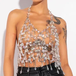 Sexy Halter Transparent Franges Chaîne de Corps Top Perles Acrylique Alliage Lien Gilet à Franges Pour Femmes Fête Accessoire
