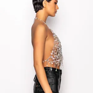 Haut dos nu en chaîne de corps en strass cristal avec détails élégants de franges en larmes