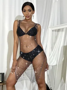 Close-up of elegant summer mesh dress featuring sparkling rhinestone embellishments