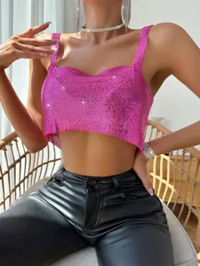 Vibrant hot pink sequin chainmail cropped tank top detail for women's party wear
