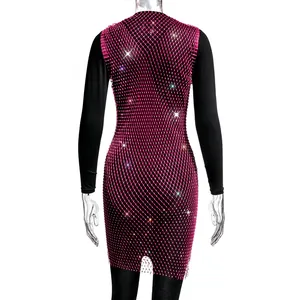 Elegant fuchsia rhinestone mesh mini dress back view showing brilliant sparkling details