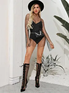 Elegant black long sleeve mesh rhinestone dress outfit for parties and fashion shoots