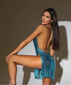 Close-up of blue metallic mesh backless mini dress with delicate chain straps