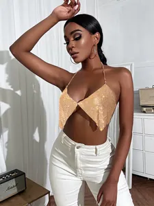 Sparkly gold rhinestone halter top with low-cut backless design for nightclub wear