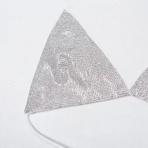 Macro view of a luxury sparkly silver rhinestone bikini top with elegant triangle design