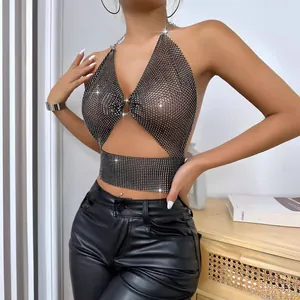 Sparkling black rhinestone halter crop top with backless V-neck design for stylish women