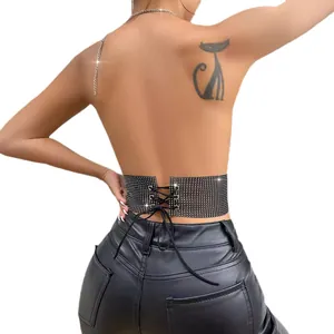 Sexy black rhinestone-embellished backless crop top with adjustable lace-up back.