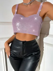 Stylish pink metallic sequin mesh camisole crop top for women's party and clubwear.