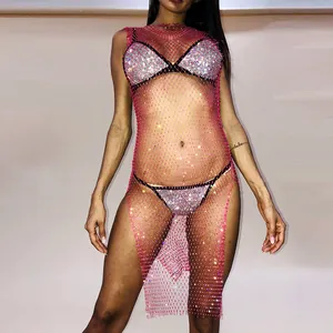 Close-up view of a sexy pink mesh rhinestone crew neck summer dress for women detail