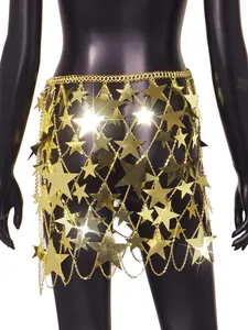 Detailed view of sparkling gold hollow star pendant skirt featuring metallic chain links