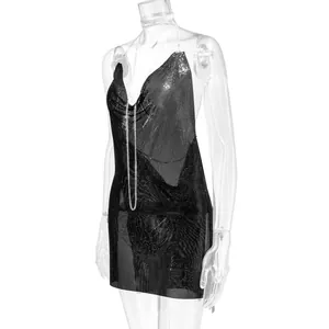 Sexy deep V backless metallic mesh mini dress for nightclub and parties