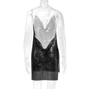 Detailed back view of a sexy black metallic cowl backless mini dress with chain straps
