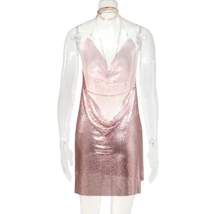 Sexy rose gold metal mesh halter backless mini dress for nightlife and parties