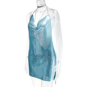 Detailed side view of sexy light blue metallic mesh mini dress with thin chain halter straps