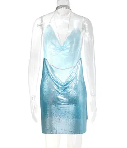 Detail of light blue metallic chainmail dress with deep V-neck and cowl drape.