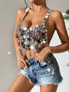Close-up detail of sexy silver acrylic disc halter top for nightclub party outfit