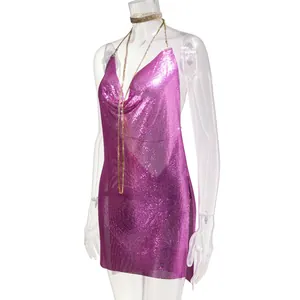 Detailed side view of a sexy deep V-neck metallic pink sequin dress on a transparent mannequin