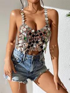 Detailed view of sexy silver metallic disc halter top for nightclub party wear