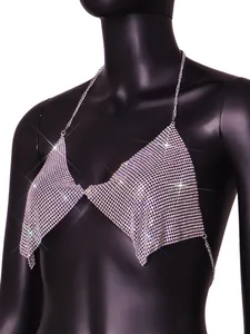 Close-up detail of a glamorous sparkly rhinestone halter top for elegant nightclub wear